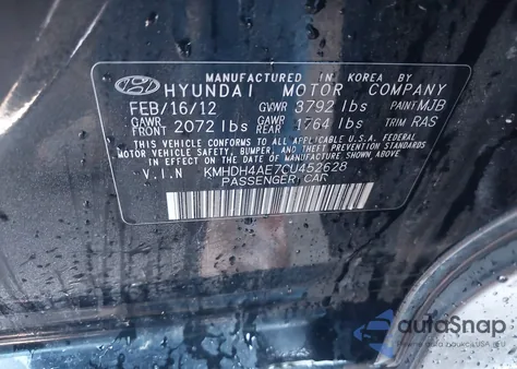 2012 Hyundai Elantra Gls (Ulsan Plant) z USA, uszkodzony, nr VIN KMHDH4AE7CU452628